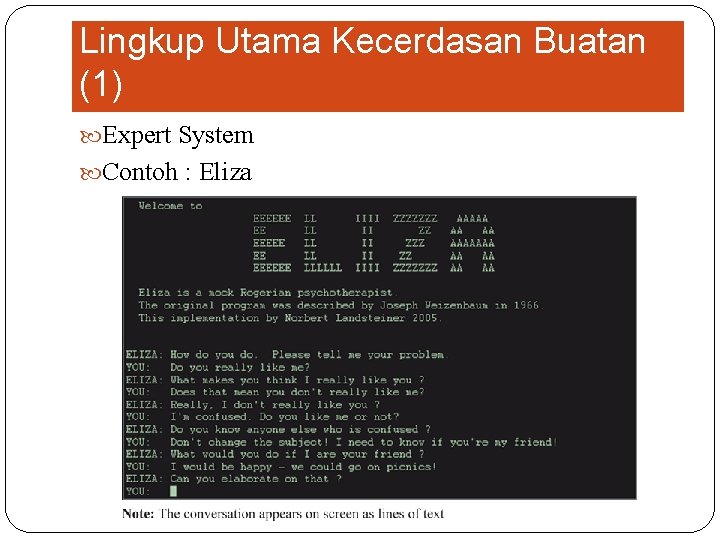 Lingkup Utama Kecerdasan Buatan (1) Expert System Contoh : Eliza 