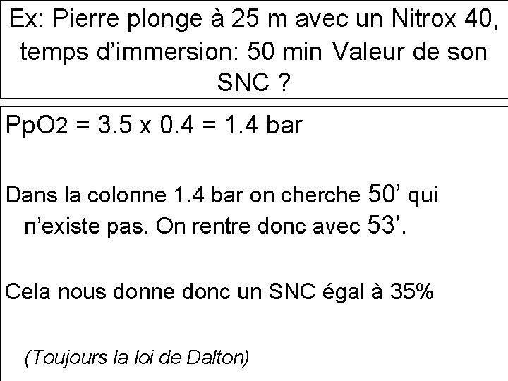 Ex: Pierre plonge à 25 m avec un Nitrox 40, temps d’immersion: 50 min