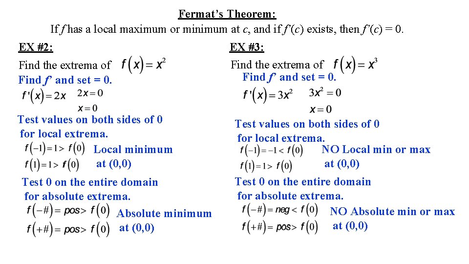 Fermat’s Theorem: If f has a local maximum or minimum at c, and if