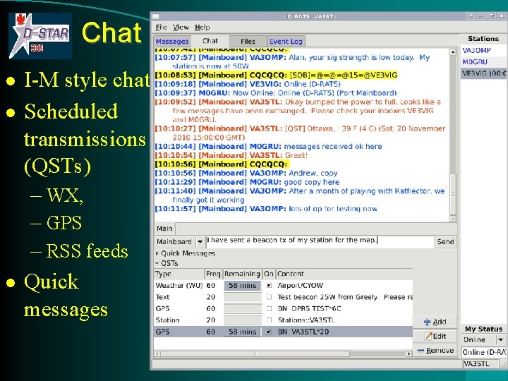 Chat l l l I-M style chat Scheduled transmissions (QSTs) – WX, – GPS