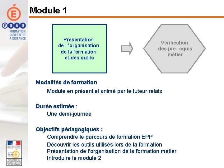 Module 1 Présentation de l ’organisation de la formation et des outils Vérification des