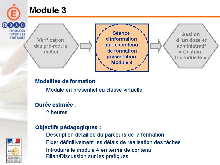 Module 3 Vérification des pré-requis métier Séance d’information sur le contenu de formation présentation