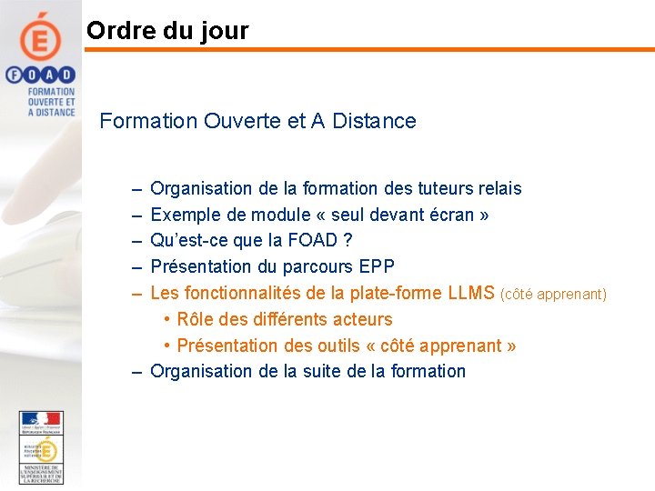 Ordre du jour Formation Ouverte et A Distance – – – Organisation de la