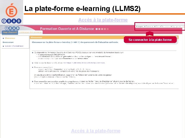 La plate-forme e-learning (LLMS 2) Accès à la plate-forme Se connecter à la plate-forme