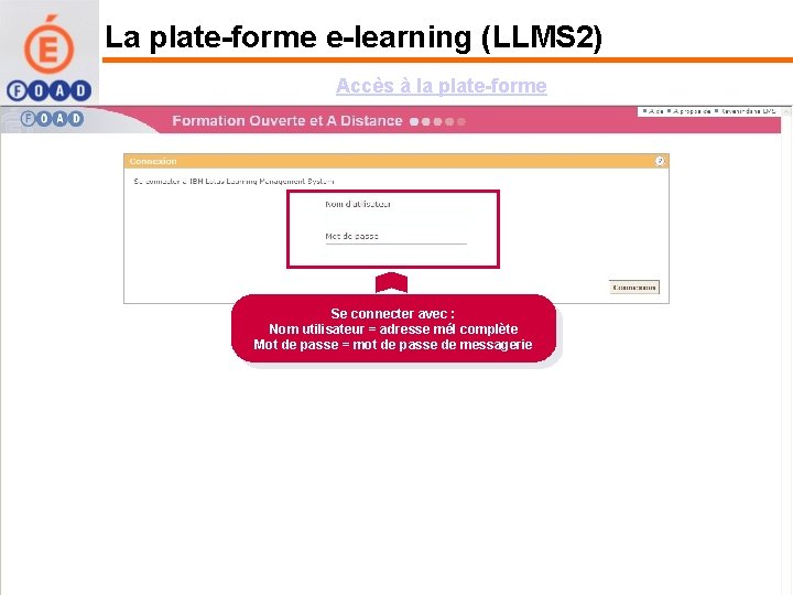 La plate-forme e-learning (LLMS 2) Accès à la plate-forme Se connecter avec : Nom