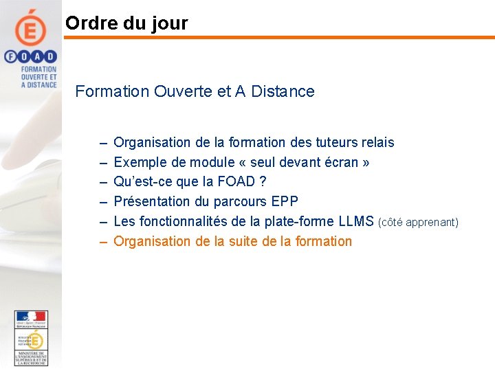 Ordre du jour Formation Ouverte et A Distance – – – Organisation de la