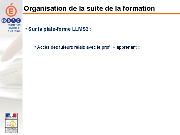 Organisation de la suite de la formation • Sur la plate-forme LLMS 2 :