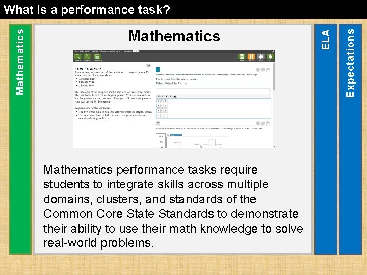 Mathematics performance tasks require students to integrate skills across multiple domains, clusters, and standards