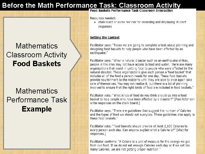 Before the Math Performance Task: Classroom Activity Mathematics Classroom Activity Food Baskets Mathematics Performance