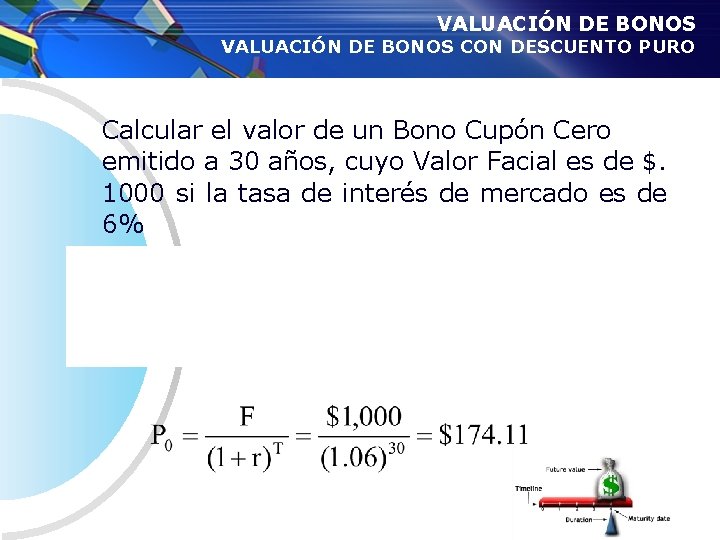 VALUACIÓN DE BONOS CON DESCUENTO PURO Calcular el valor de un Bono Cupón Cero