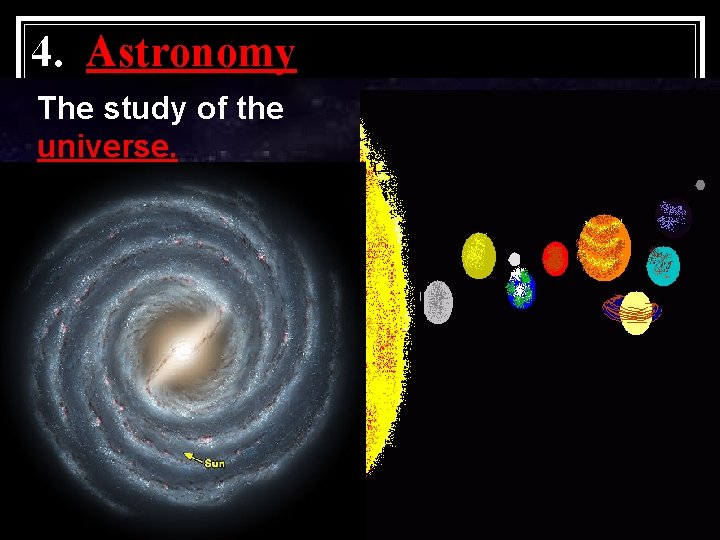 4. Astronomy The study of the universe. 