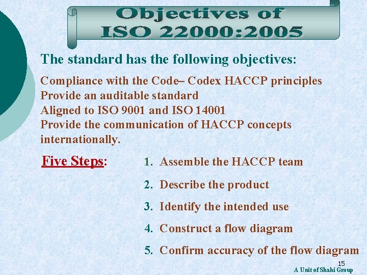 The standard has the following objectives: Compliance with the Code– Codex HACCP principles Provide