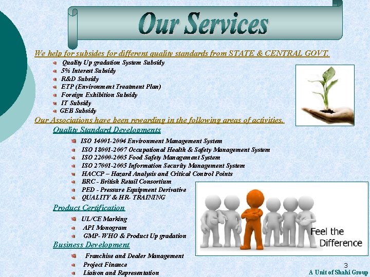 We help for subsides for different quality standards from STATE & CENTRAL GOVT. Quality