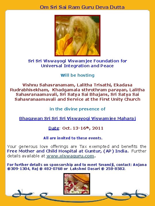 Om Sri Sai Ram Guru Deva Dutta Sri Viswayogi Viswamjee Foundation for Universal Integration