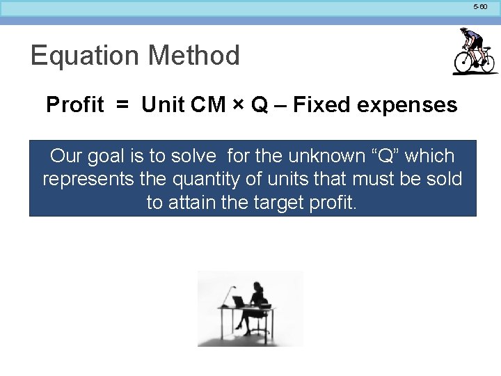 5 -60 Equation Method Profit = Unit CM × Q – Fixed expenses Our