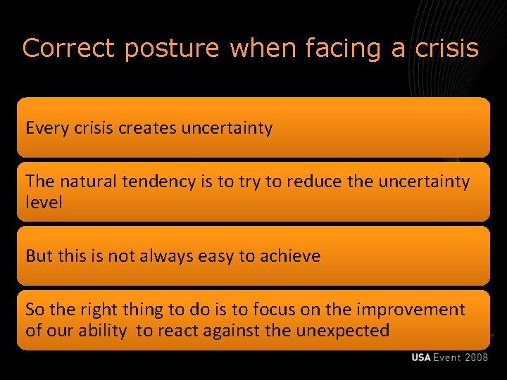 Correct posture when facing a crisis Every crisis creates uncertainty The natural tendency is