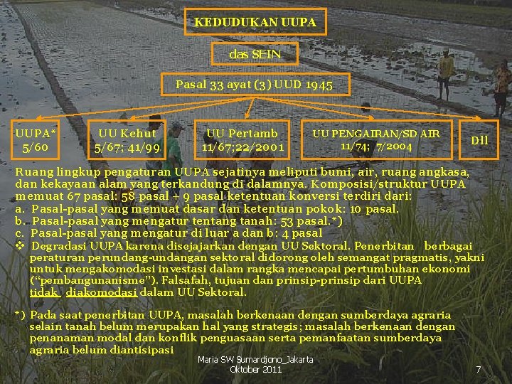 KEDUDUKAN UUPA das SEIN Pasal 33 ayat (3) UUD 1945 UUPA* 5/60 UU Kehut