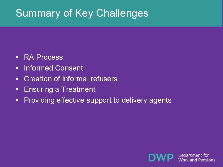 Summary of Key Challenges § § § RA Process Informed Consent Creation of informal
