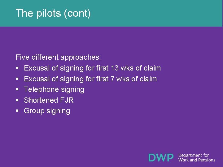 The pilots (cont) Five different approaches: § Excusal of signing for first 13 wks
