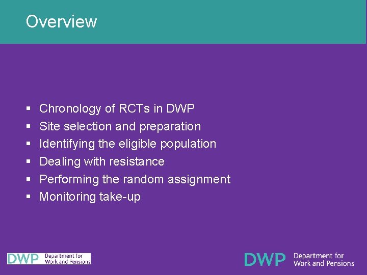 Overview § § § Chronology of RCTs in DWP Site selection and preparation Identifying