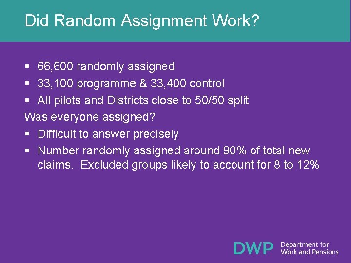 Did Random Assignment Work? § 66, 600 randomly assigned § 33, 100 programme &