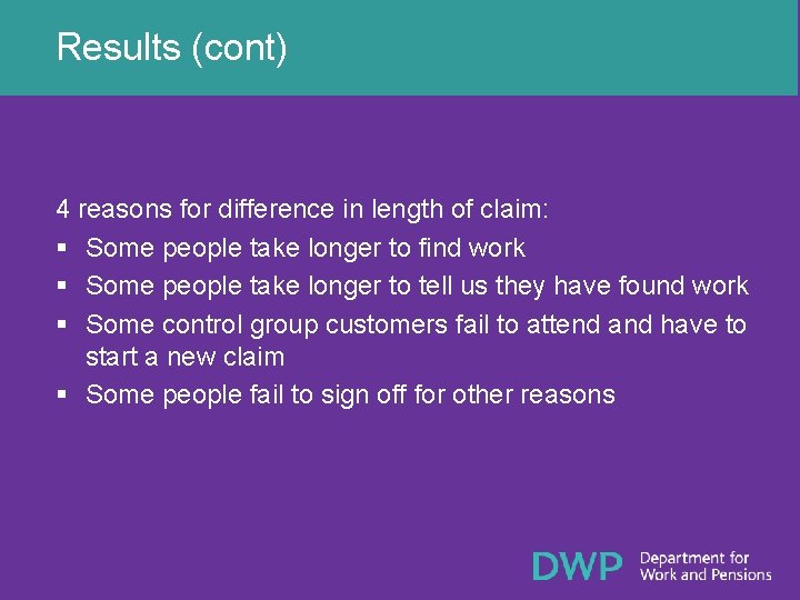 Results (cont) 4 reasons for difference in length of claim: § Some people take