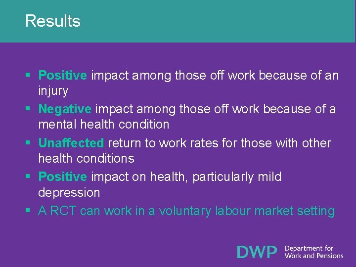 Results § Positive impact among those off work because of an injury § Negative