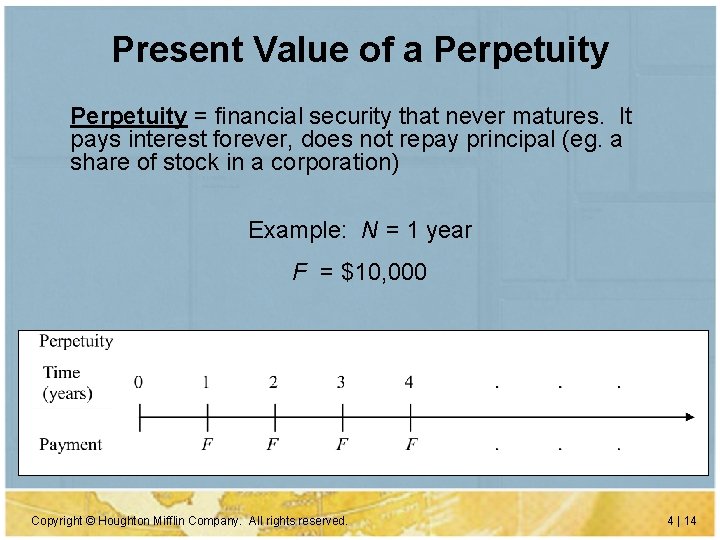 Present Value of a Perpetuity = financial security that never matures. It pays interest