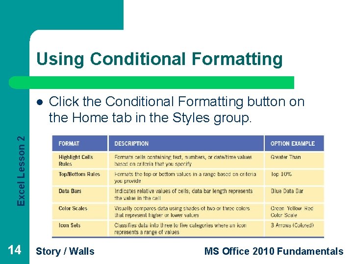 Using Conditional Formatting Click the Conditional Formatting button on the Home tab in the