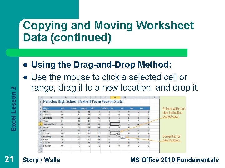 Copying and Moving Worksheet Data (continued) l Excel Lesson 2 l 21 Using the