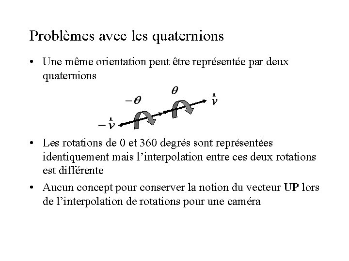 Problèmes avec les quaternions • Une même orientation peut être représentée par deux quaternions