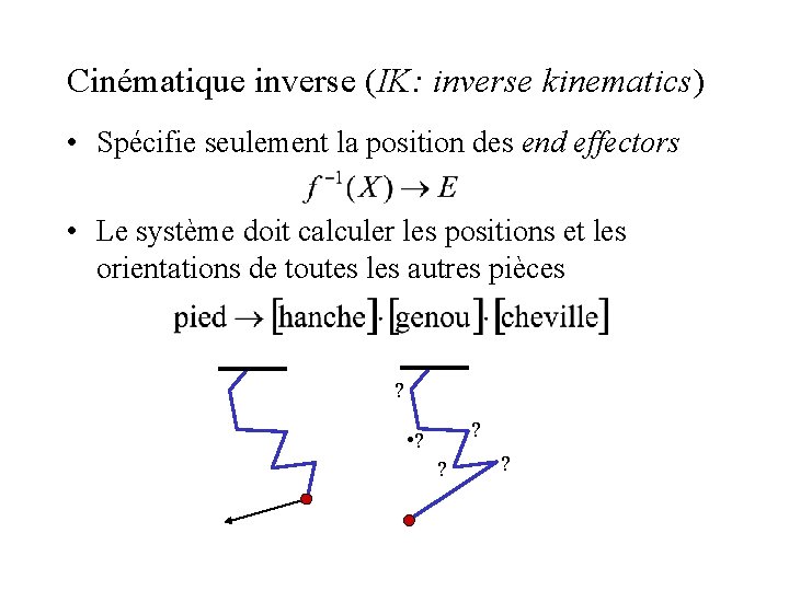 Cinématique inverse (IK: inverse kinematics) • Spécifie seulement la position des end effectors •