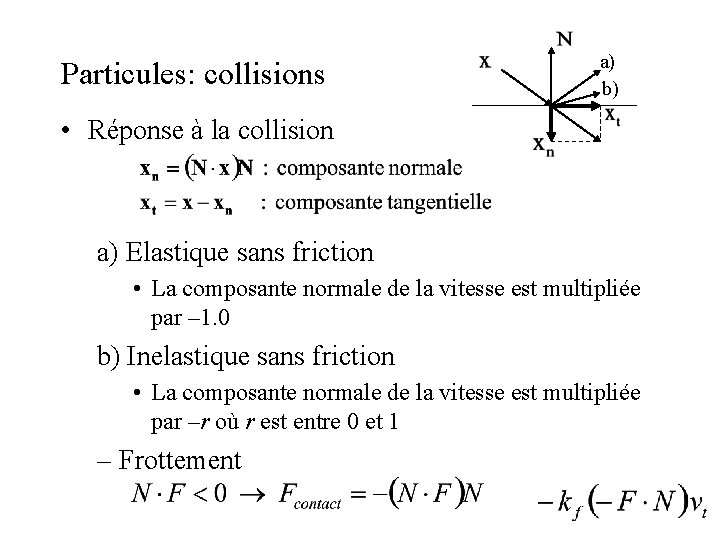Particules: collisions a) b) • Réponse à la collision a) Elastique sans friction •