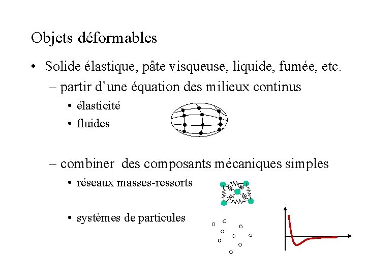 Objets déformables • Solide élastique, pâte visqueuse, liquide, fumée, etc. – partir d’une équation