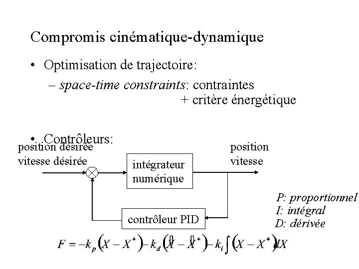 Compromis cinématique-dynamique • Optimisation de trajectoire: – space-time constraints: contraintes + critère énergétique •