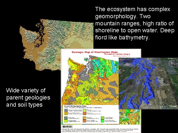 The ecosystem has complex geomorphology. Two mountain ranges, high ratio of shoreline to open