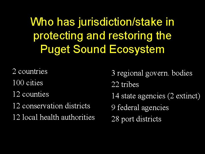 Who has jurisdiction/stake in protecting and restoring the Puget Sound Ecosystem 2 countries 100