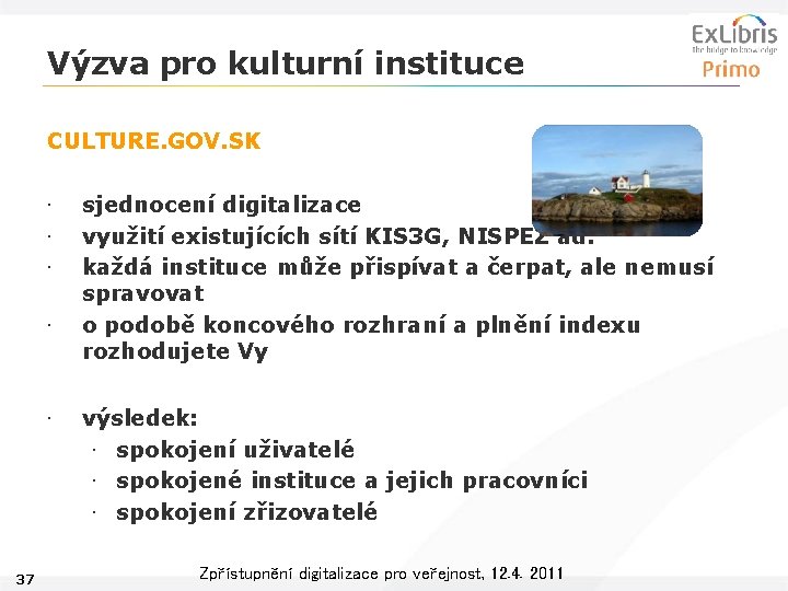 Výzva pro kulturní instituce CULTURE. GOV. SK • • • 37 sjednocení digitalizace využití