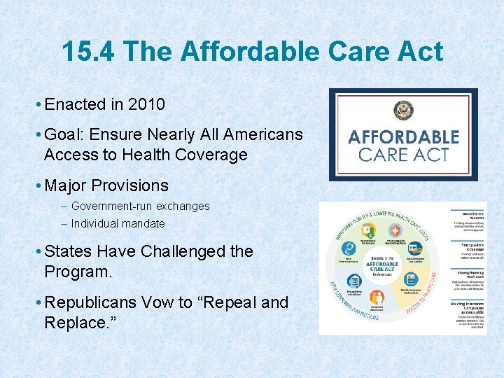 15. 4 The Affordable Care Act • Enacted in 2010 • Goal: Ensure Nearly