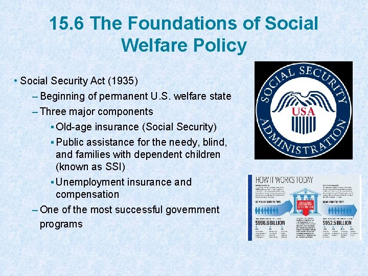 15. 6 The Foundations of Social Welfare Policy • Social Security Act (1935) –
