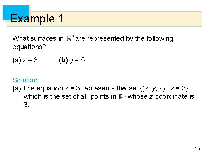Example 1 What surfaces in equations? (a) z = 3 are represented by the