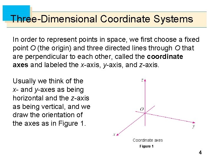Three-Dimensional Coordinate Systems In order to represent points in space, we first choose a