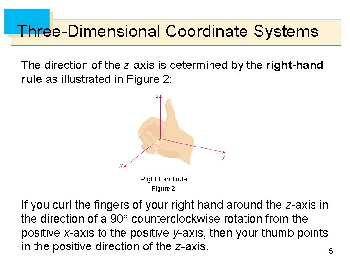 Three-Dimensional Coordinate Systems The direction of the z-axis is determined by the right-hand rule