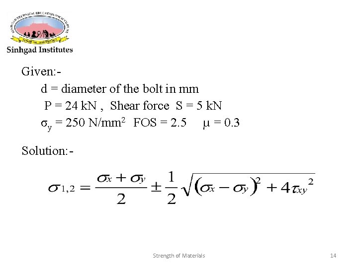 Given: d = diameter of the bolt in mm P = 24 k. N