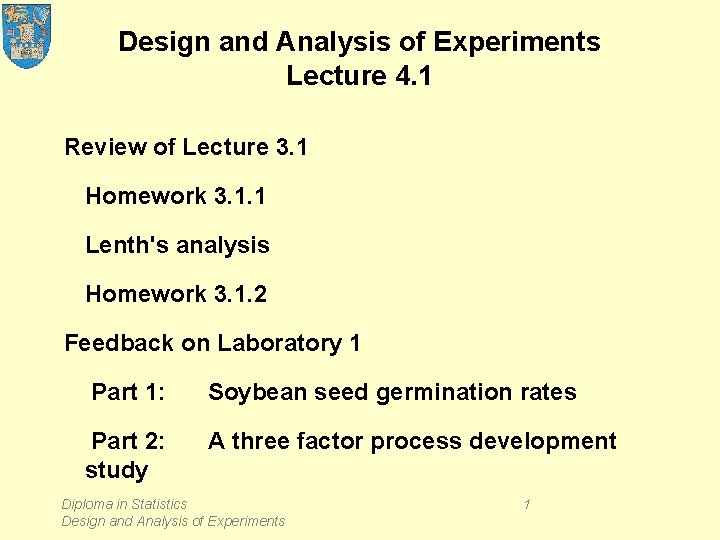 Design and Analysis of Experiments Lecture 4. 1 Review of Lecture 3. 1 Homework