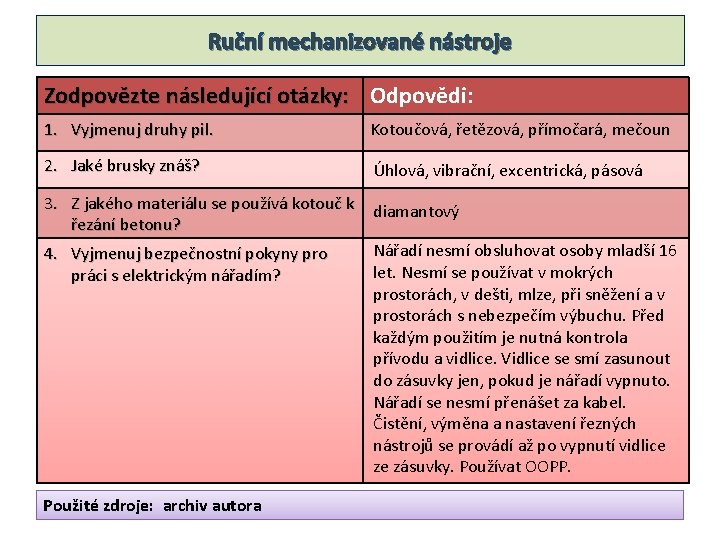 Ruční mechanizované nástroje Zodpovězte následující otázky: Odpovědi: 1. Vyjmenuj druhy pil. Kotoučová, řetězová, přímočará,