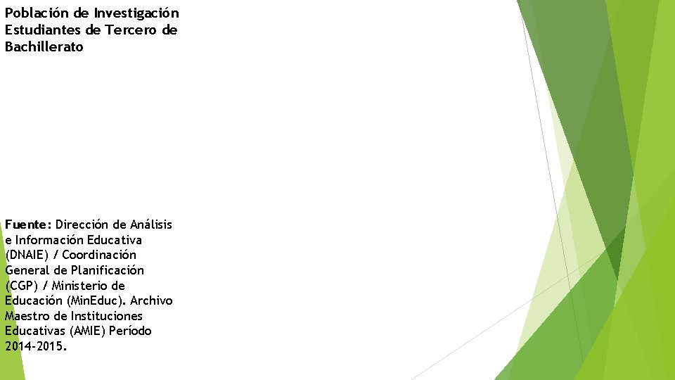 Población de Investigación Estudiantes de Tercero de Bachillerato Fuente: Dirección de Análisis e Información