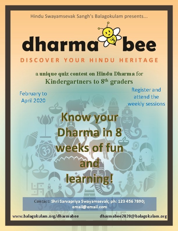 a unique quiz contest on Hindu Dharma for Kindergartners to 8 th graders Register