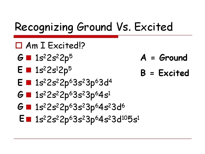 Recognizing Ground Vs. Excited o Am I Excited!? G n 1 s 22 p