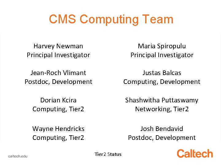 CMS Computing Team Harvey Newman Principal Investigator Maria Spiropulu Principal Investigator Jean-Roch Vlimant Postdoc,